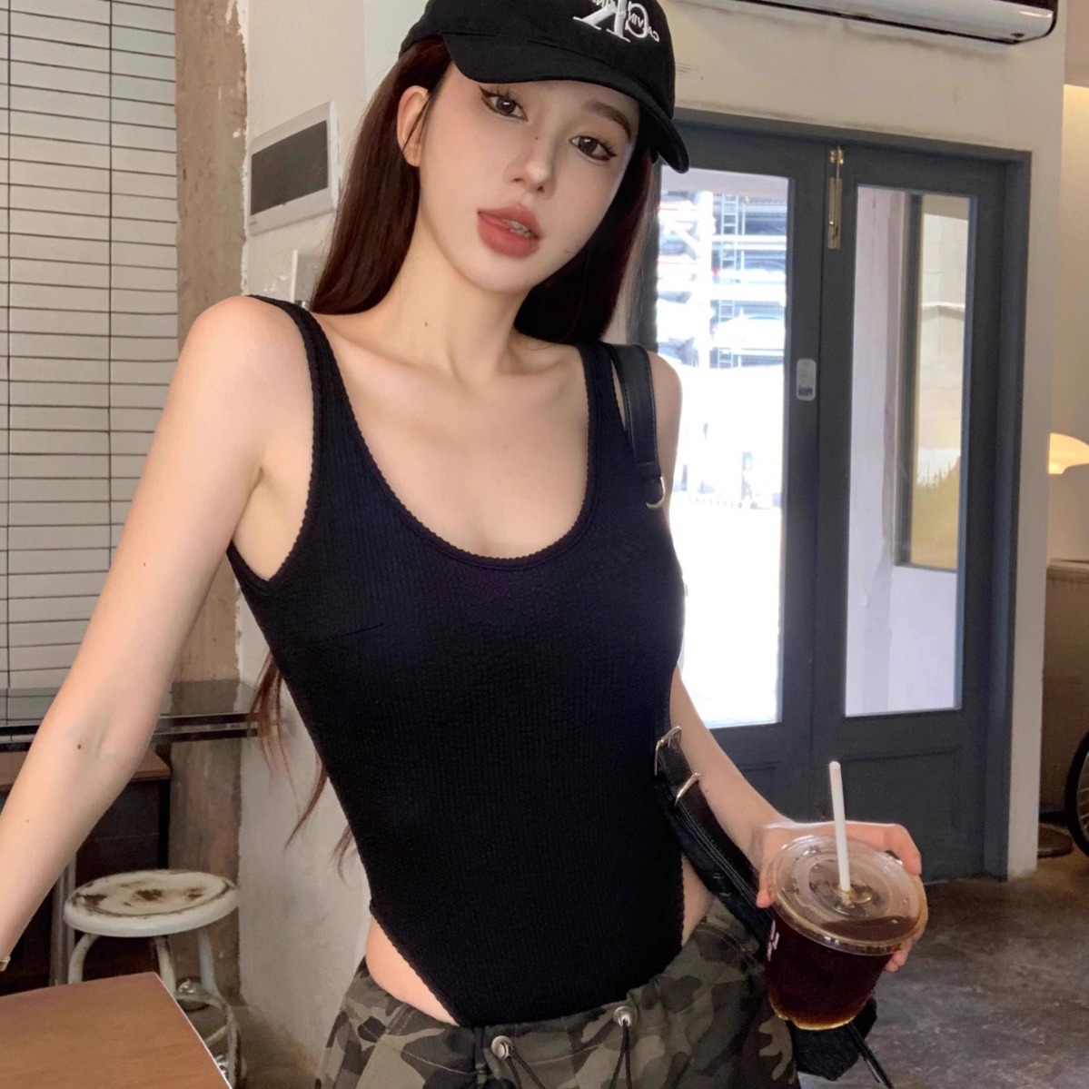 Preto com tiras bodysuit sexy  - Suspender Tank Top avaliação e preço